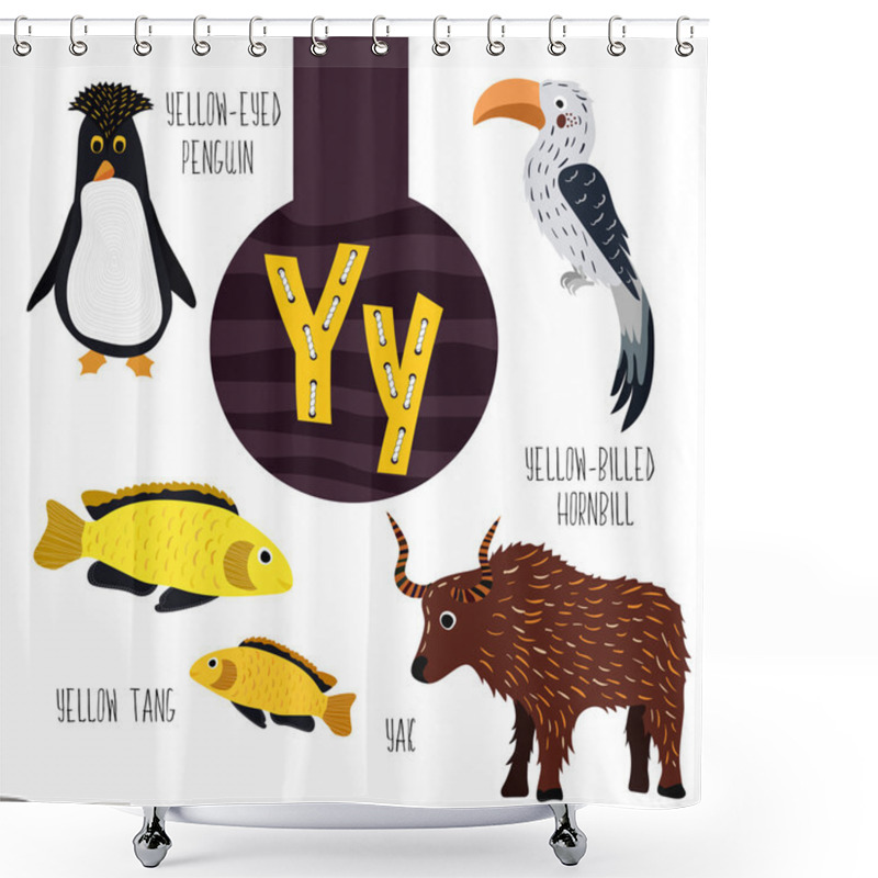 Personality  Fun Animal Letters Of The Alphabet For The Development And Learning Of Preschool Children. Set Of Cute Forest, Domestic And Marine Animals With The Letter Y. Vector Shower Curtains