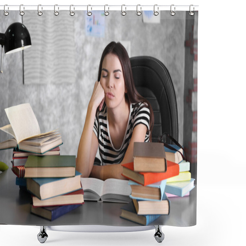 Personality  Woman With Books Falling Asleep Shower Curtains