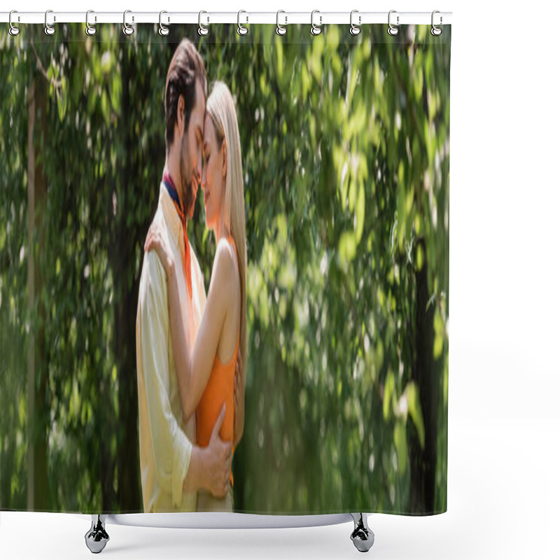 Personality  Side View Of Trendy Romantic Couple Embracing In Summer Park, Banner  Shower Curtains