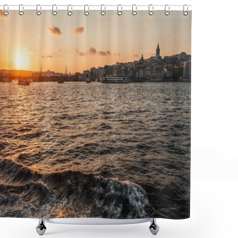 Personality  Scenic View Of Sea With Waves And Istanbul At Background In Evening, Turkey  Shower Curtains