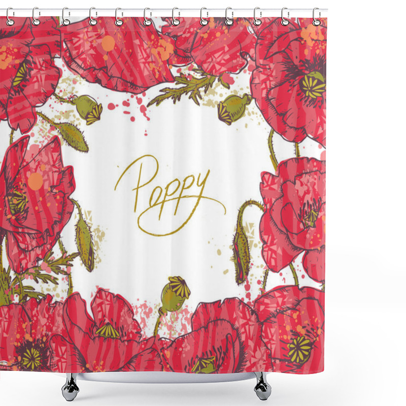 Personality  Hand Drawn Red Poppy Flowers Frame Shower Curtains