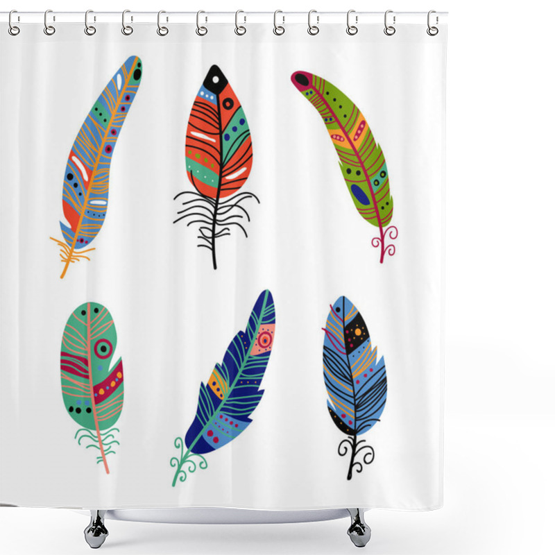 Personality  Colorful Feather And Plumage As Boho Tribal Element Vector Set. Ethnic Decorative Ornamental Plume Concept Shower Curtains