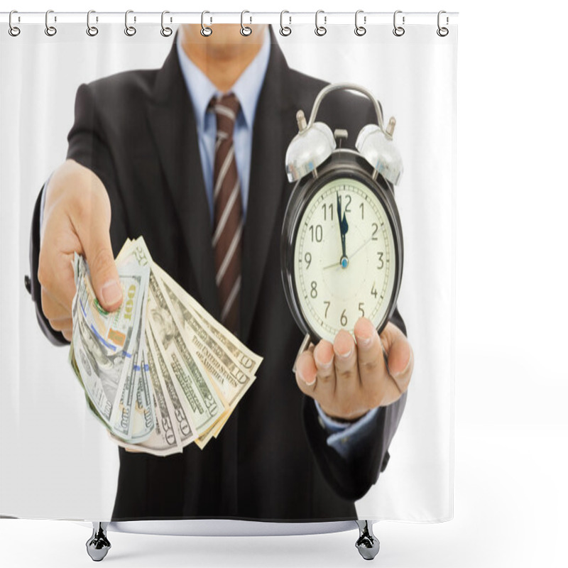 Personality  Businessman Holding Money And Clock. Time Is Money Concept Shower Curtains