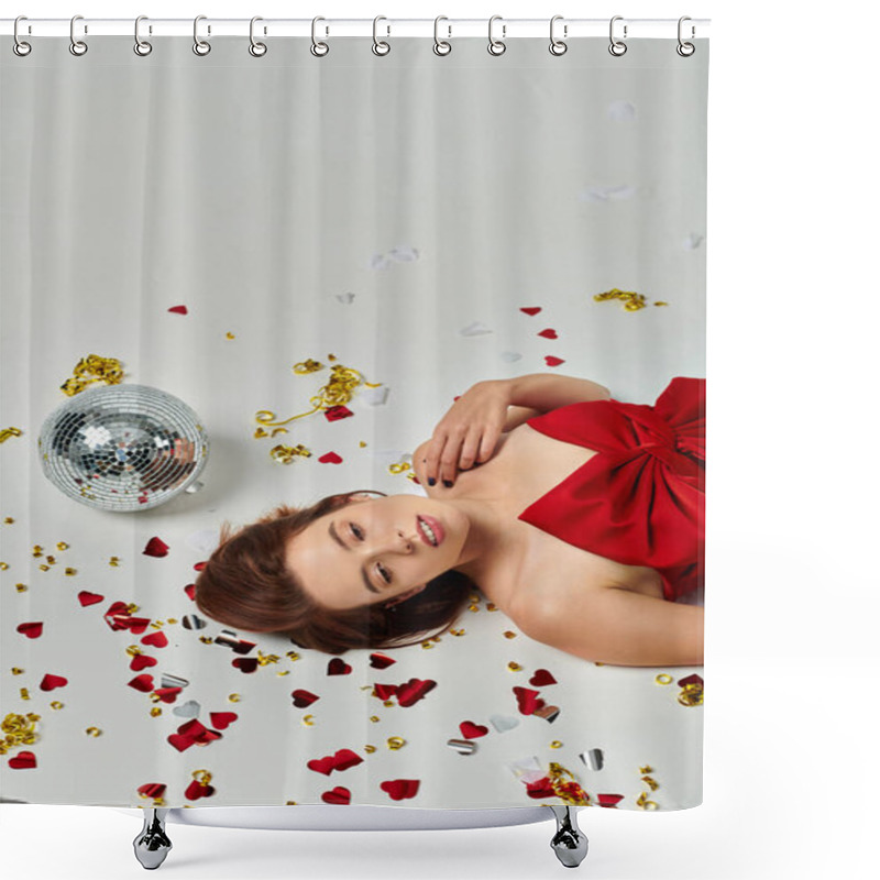 Personality  New Year Party, Brunette Young Woman Lying On Floor Near Confetti And Disco Ball On Grey Backdrop Shower Curtains