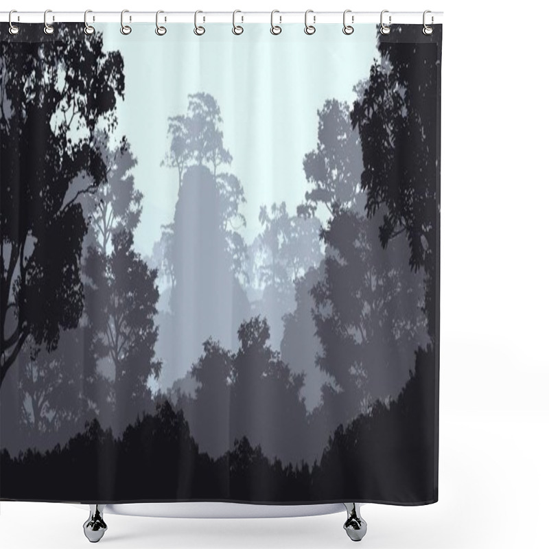 Personality  2d Illustration. Trees In Fog. Deep Forest Haze. Hills Covered By Plants And Foliage. Shrubs And Bushes. Deciduous Wood.  Shower Curtains