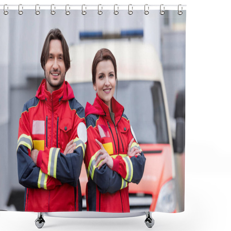 Personality  Smiling Paramedics In Uniform Standing With Crossed Arms Shower Curtains