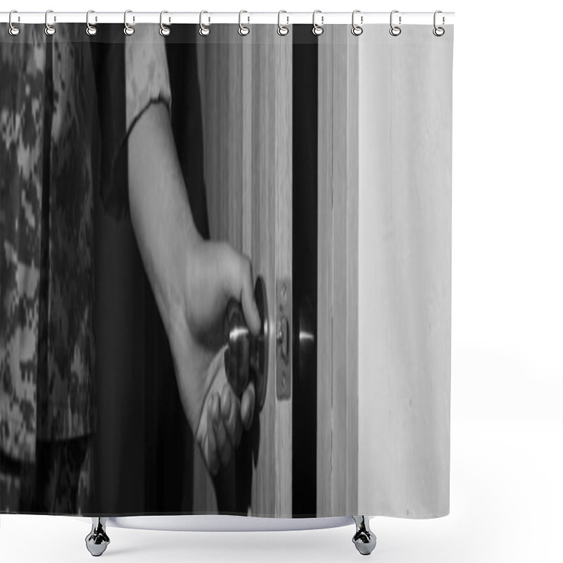 Personality  Partial View Of Serviceman Opening Entrance Door While Coming Back Home, Banner Shower Curtains