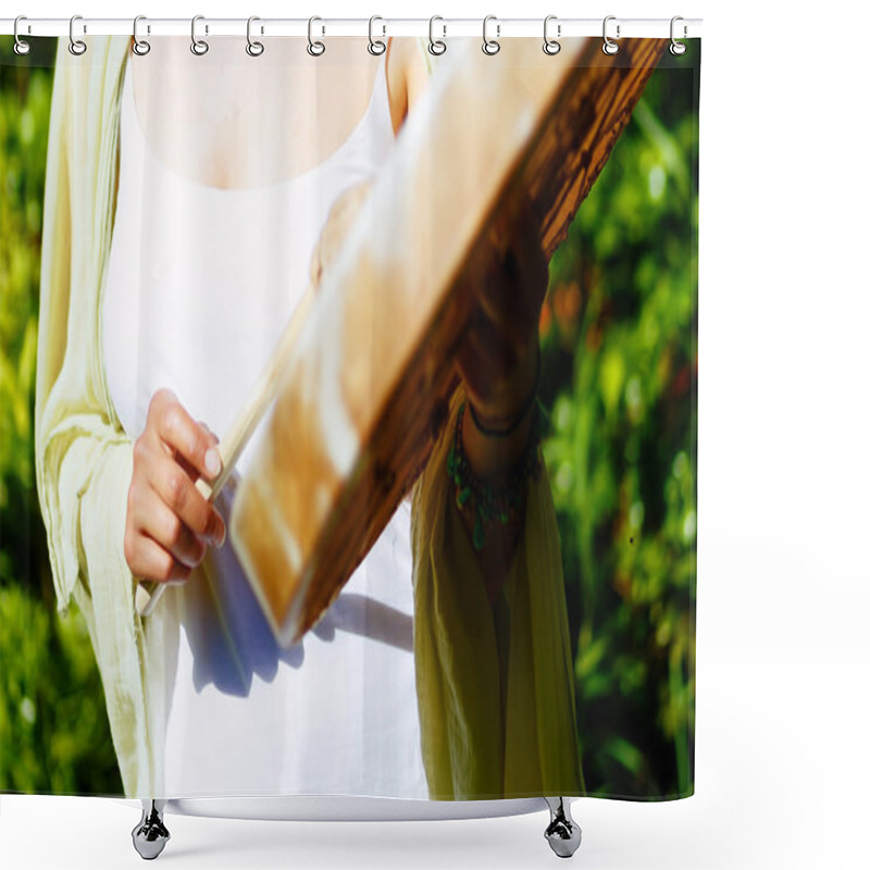 Personality  Girl Holding A Shamanic Frame Drum In Her Hand In The Nature. Shower Curtains