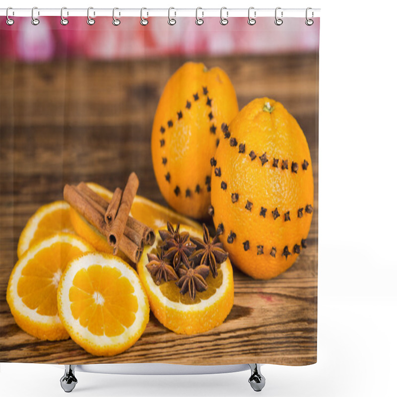 Personality  Christmas Tree With Cones, Oranges With Cinnamon And Aniseed Shower Curtains