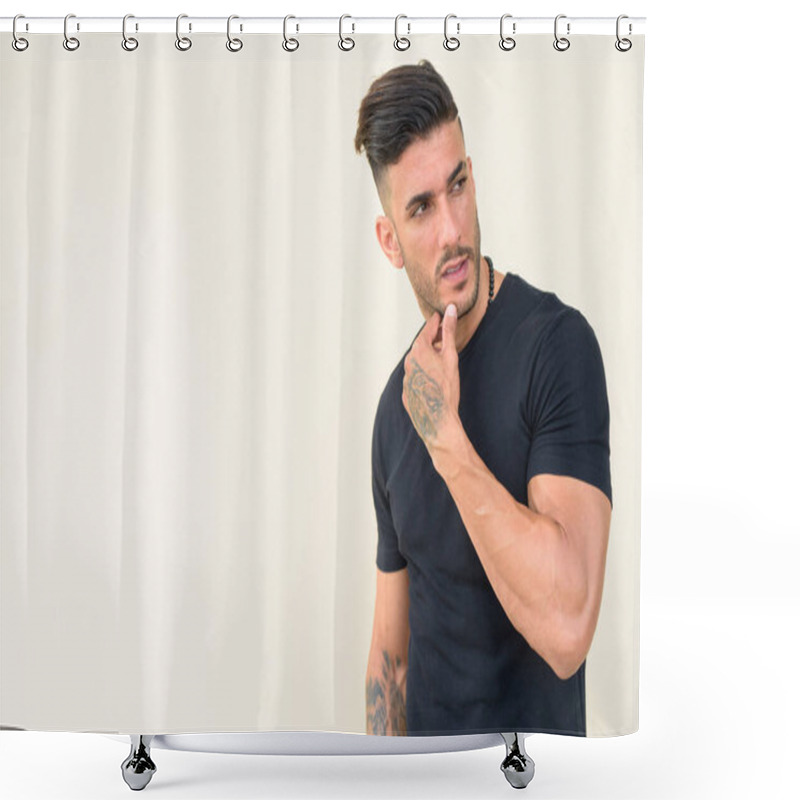 Personality  Portrait Of Young Handsome Bearded Persian Man Thinking Shower Curtains