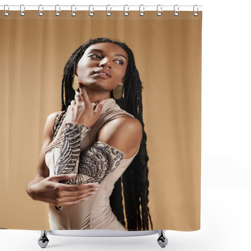 Personality  A Young Woman Showcases Her Stylish Attire And Striking Arm Adornments With Elegance And Poise. Shower Curtains