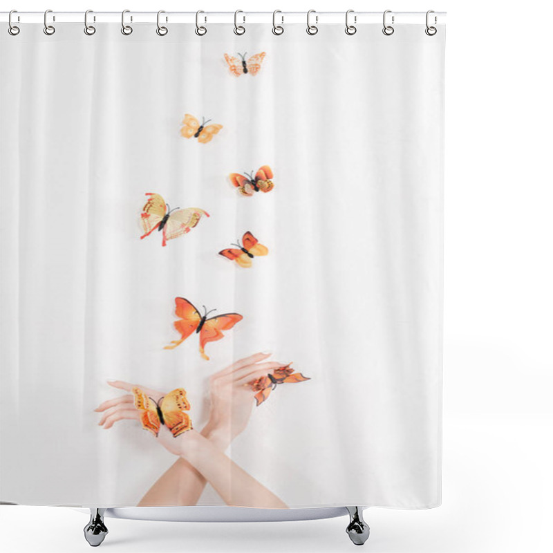 Personality  Cropped View Of Woman With Crossed Arms Near Orange Butterflies Flying On White Background, Environmental Saving Concept  Shower Curtains