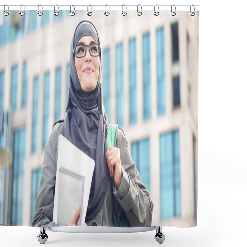 Personality  Inspired Young Female Student Wearing Hijab Smiling, Standing Outdoors On Campus Shower Curtains