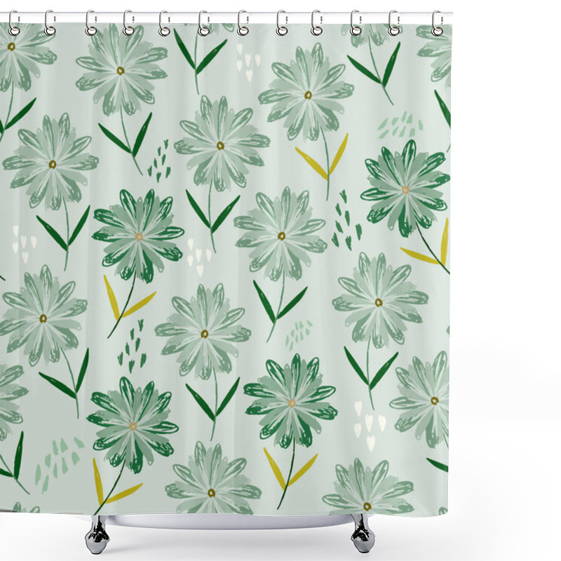 Personality  Tender Green Pattern With Childish Sketch Flowers Shower Curtains