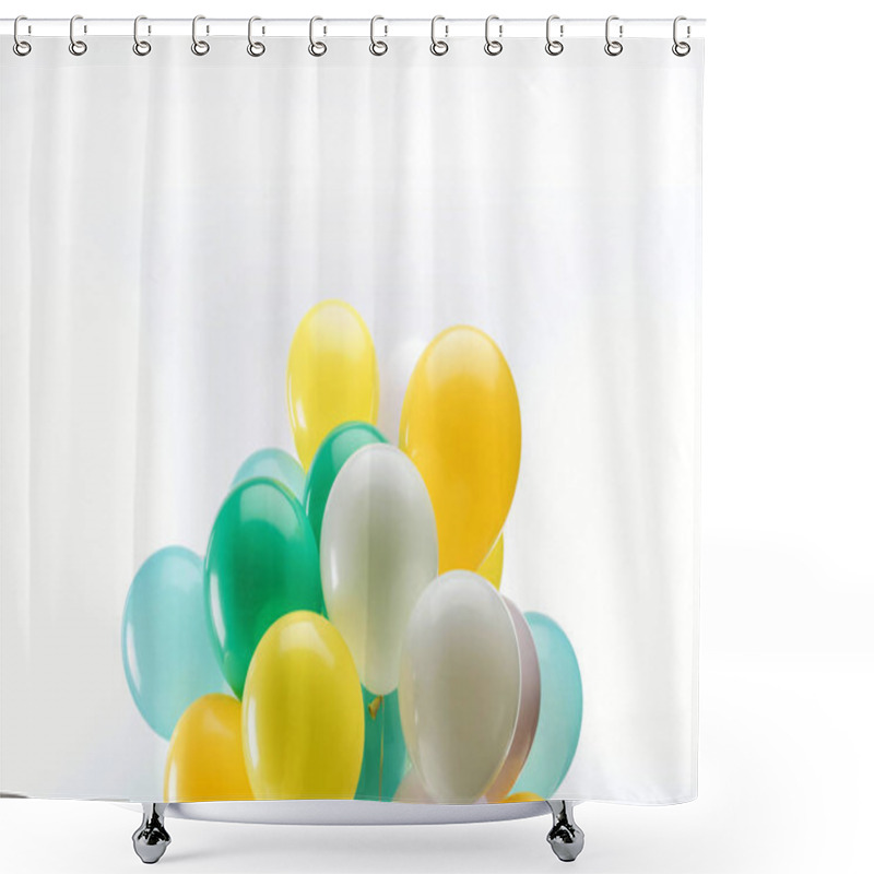 Personality  Bright Green, Yellow And Blue Decorative Balloons On White Background Shower Curtains