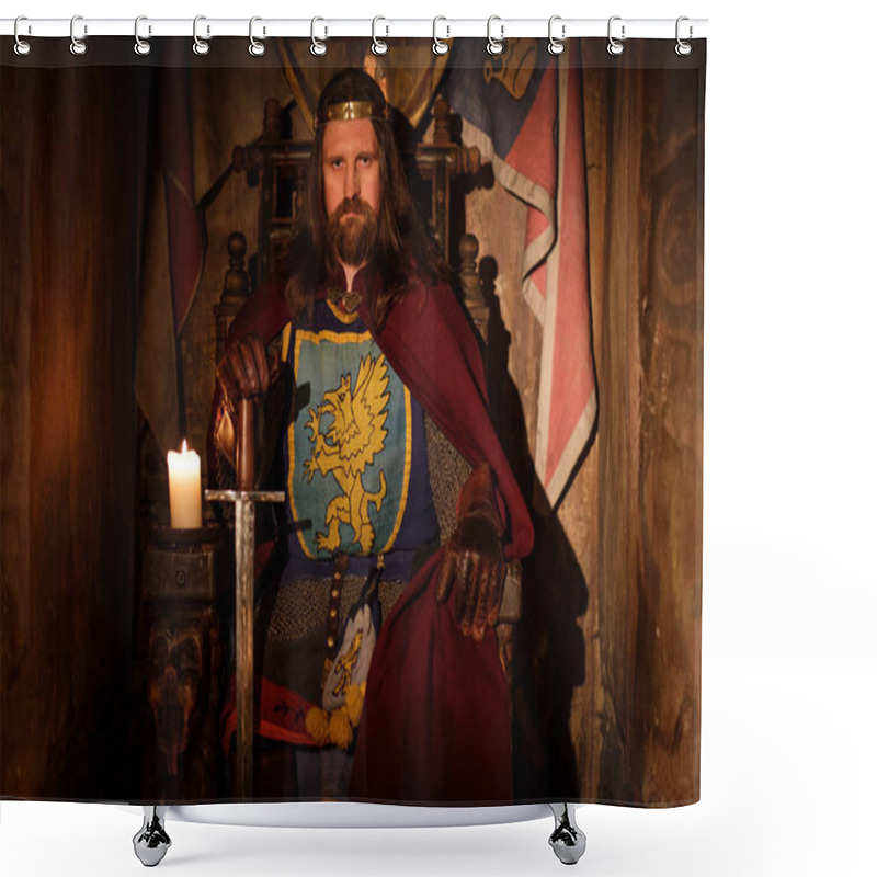 Personality  Medieval King On Throne In Ancient Castle Interior. Shower Curtains