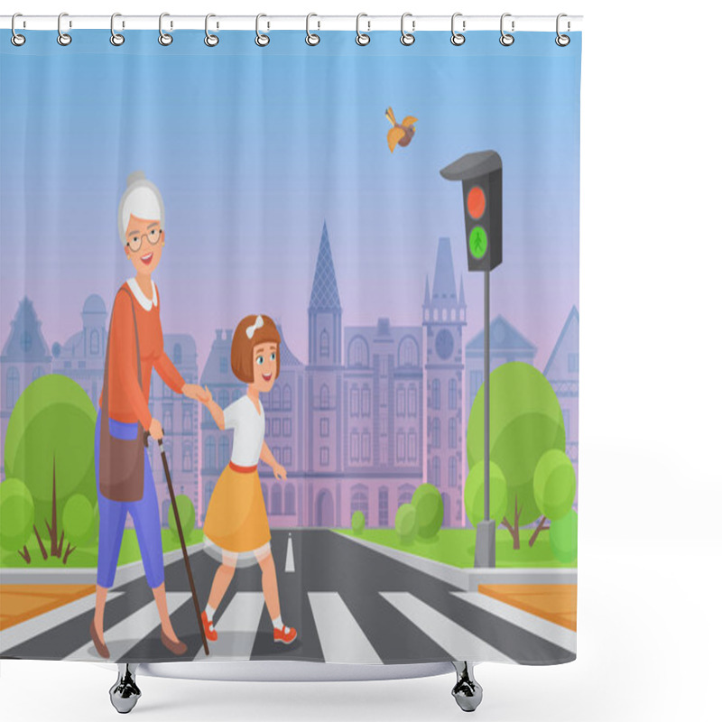 Personality  Girl Helps Old Lady To Cross The Road Shower Curtains