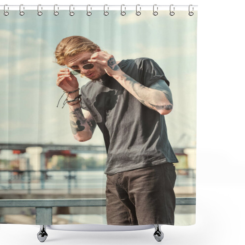 Personality  Handsome Stylish Tattooed Man Wearing Sunglasses On Bridge Shower Curtains