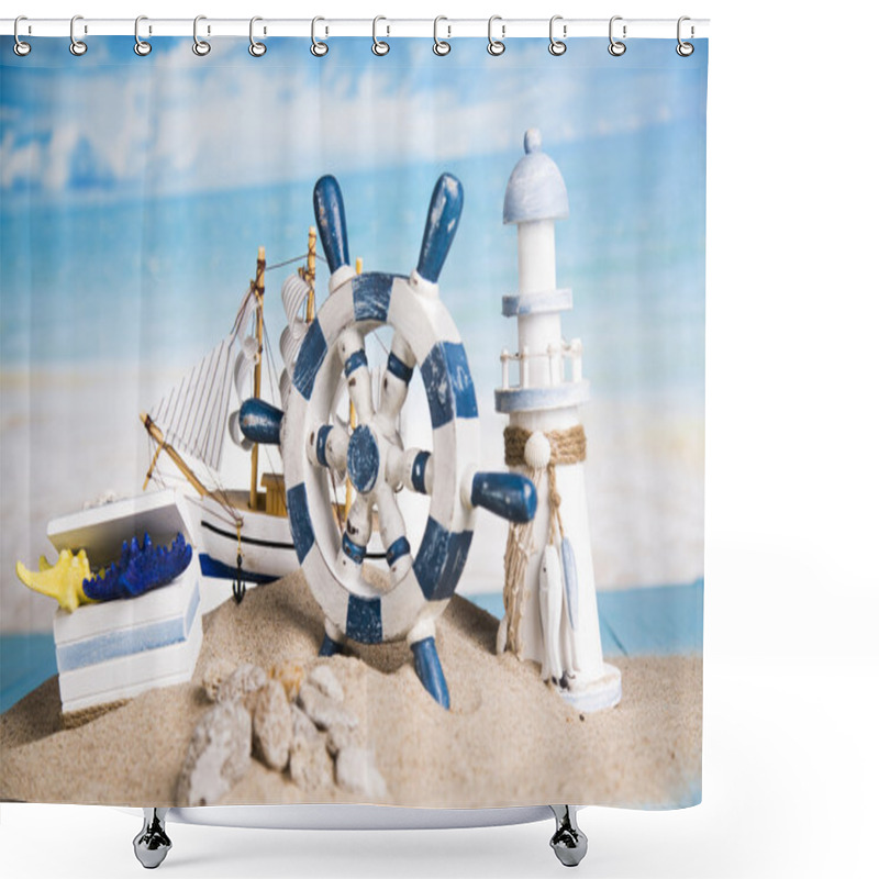 Personality  Holiday By The Sea, Lighthouse, Seagull, Lifebuoy, Sand, Shells Shower Curtains