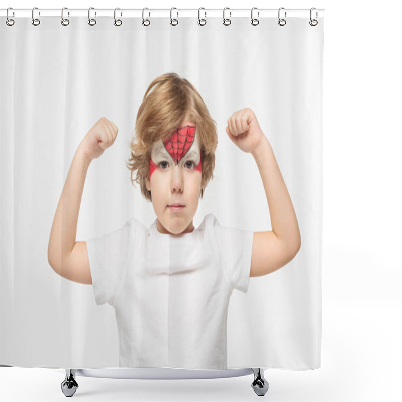 Personality  Adorable Boy With Superhero Mask Painted On Face Demonstrating Power Isolated On White Shower Curtains