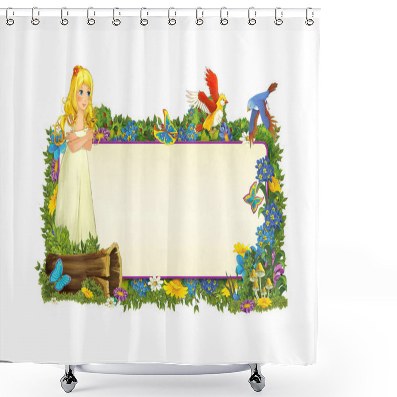 Personality  Cartoon Scene With Floral Frame - Beautiful Girls - Princess - Title Page With Space For Text - Illustration For Children Shower Curtains