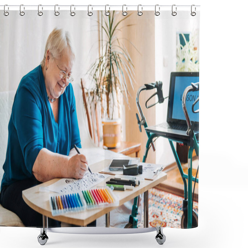 Personality  Hobby Ideas For Older People. Retirement Hobbies, Pastimes For Seniors. Activities For Seniors With Limited Mobility. Mature, Elderly Woman Practices Spelling Words, Online Hand Lettering Class Shower Curtains