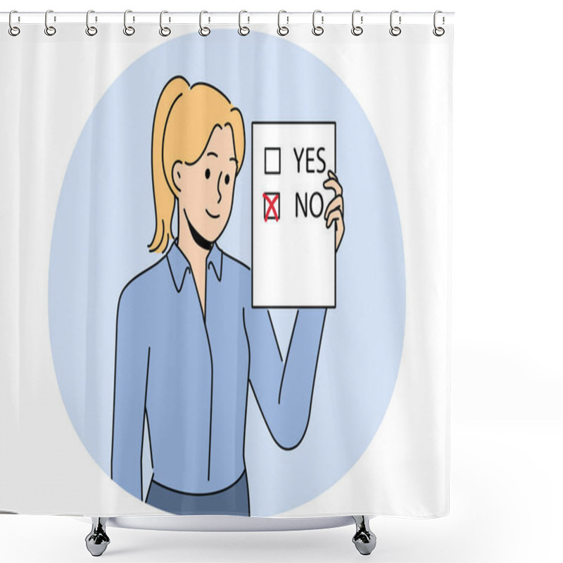 Personality  Woman Voter Demonstrates Ballot For Presidential Elections Or Referendum With Chosen Answer No. Voter Holds Questionnaire Designed To Survey Population On Socially Important Topics. Shower Curtains