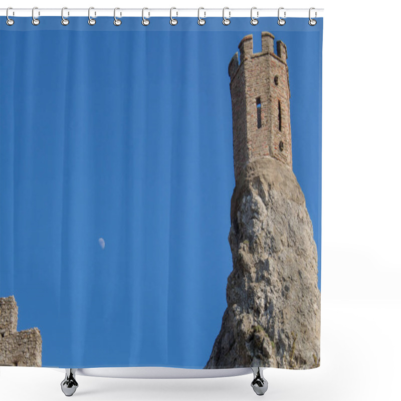 Personality  Part Of Ruins Of Castle Devin In Slovakia.  Maiden Tower, Built On The Edge Of A High Rock. Bright Blue Sky With Moon. Shower Curtains