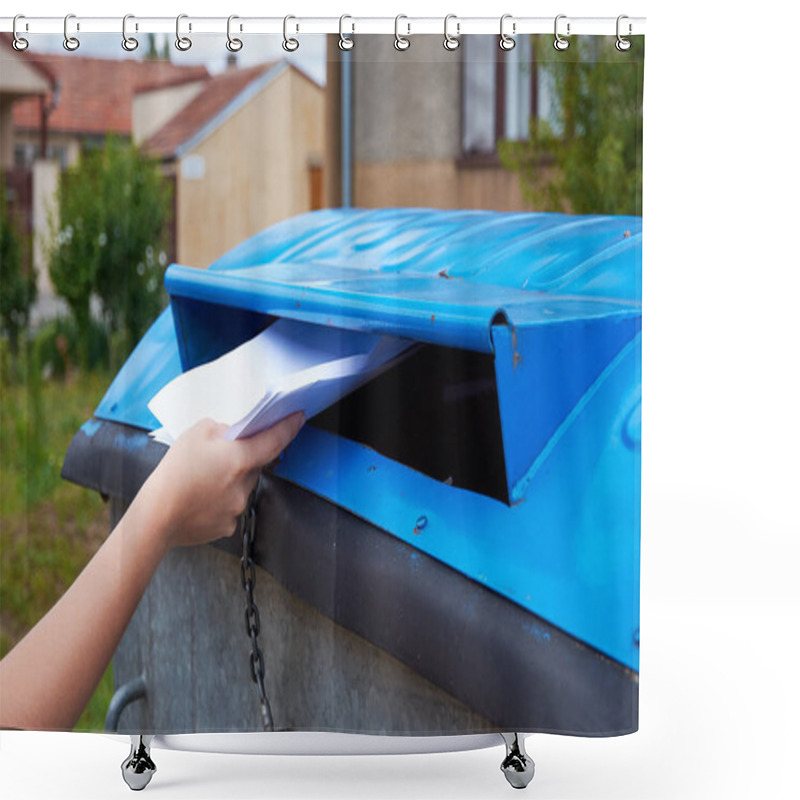 Personality  Young Woman Throwing Paper Documents Into A Blue Container For Sorted Waste Shower Curtains