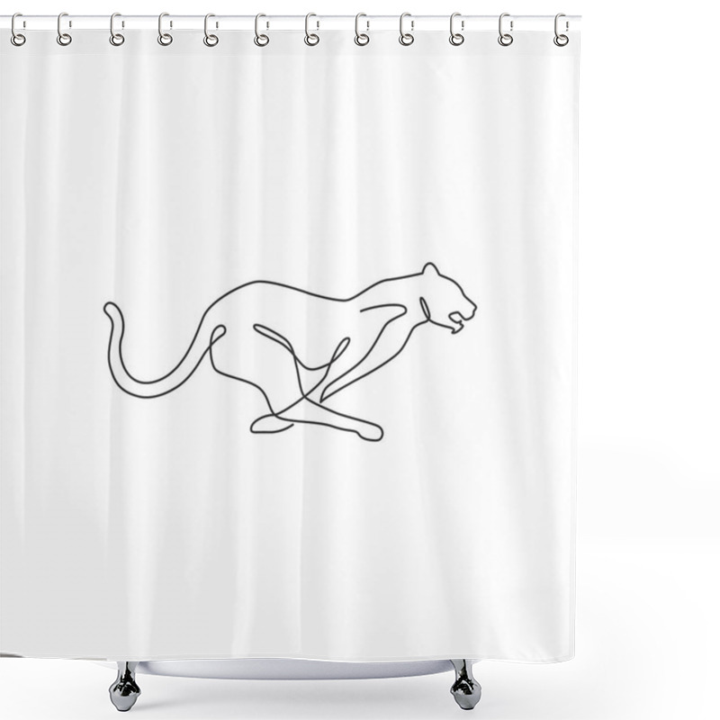 Personality  Single Continuous Line Drawing Of Running Cheetah For E-sport Team Logo Identity. Leopard Mascot Concept For National Zoo Icon. Dynamic One Line Graphic Draw Design Vector Illustration Shower Curtains