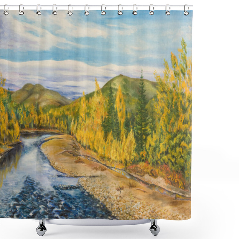 Personality  Autumn Landscape With River ,taiga And Mountains Shower Curtains