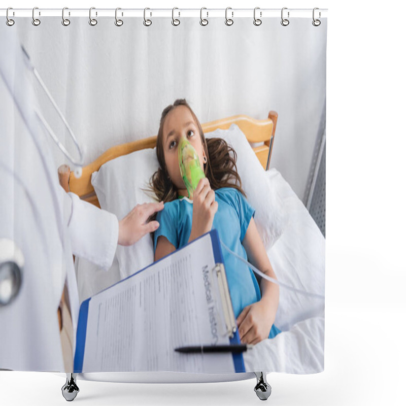 Personality  Doctor Holding Oxygen Mask And Clipboard Near Patient On Hospital Bed  Shower Curtains