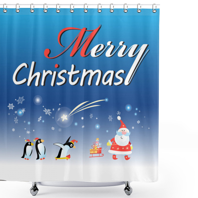 Personality  Christmas Card With Santa Claus And A Penguin  Shower Curtains