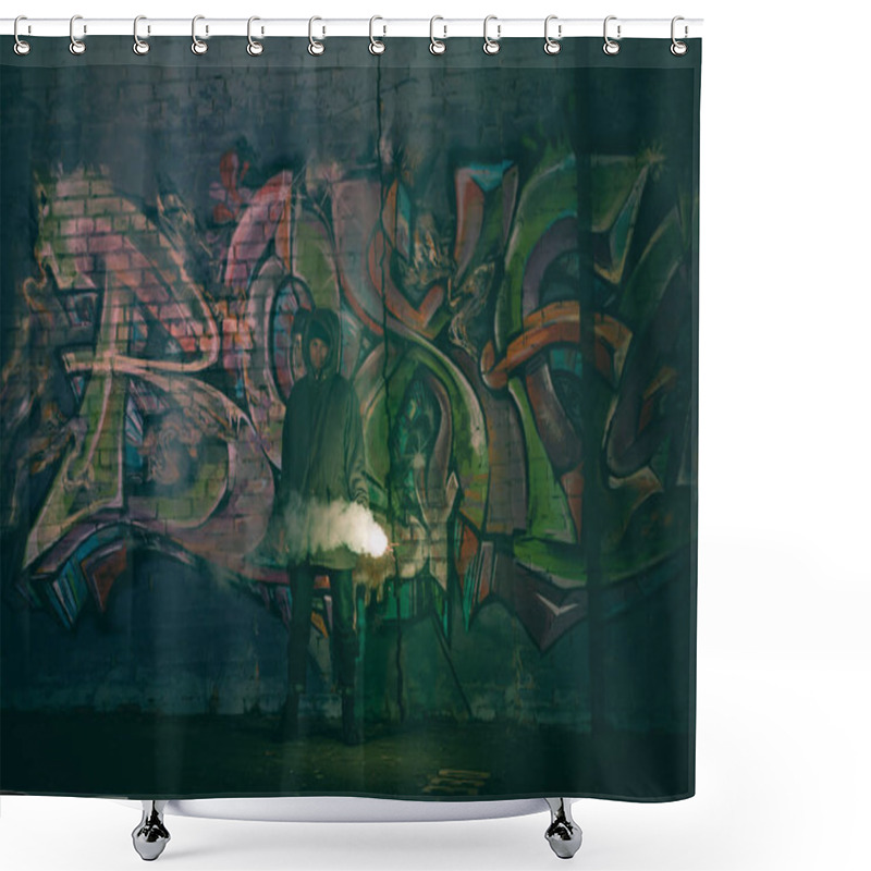 Personality  Person Holding Smoke Bomb And Standing Against Wall With Graffiti At Night Shower Curtains