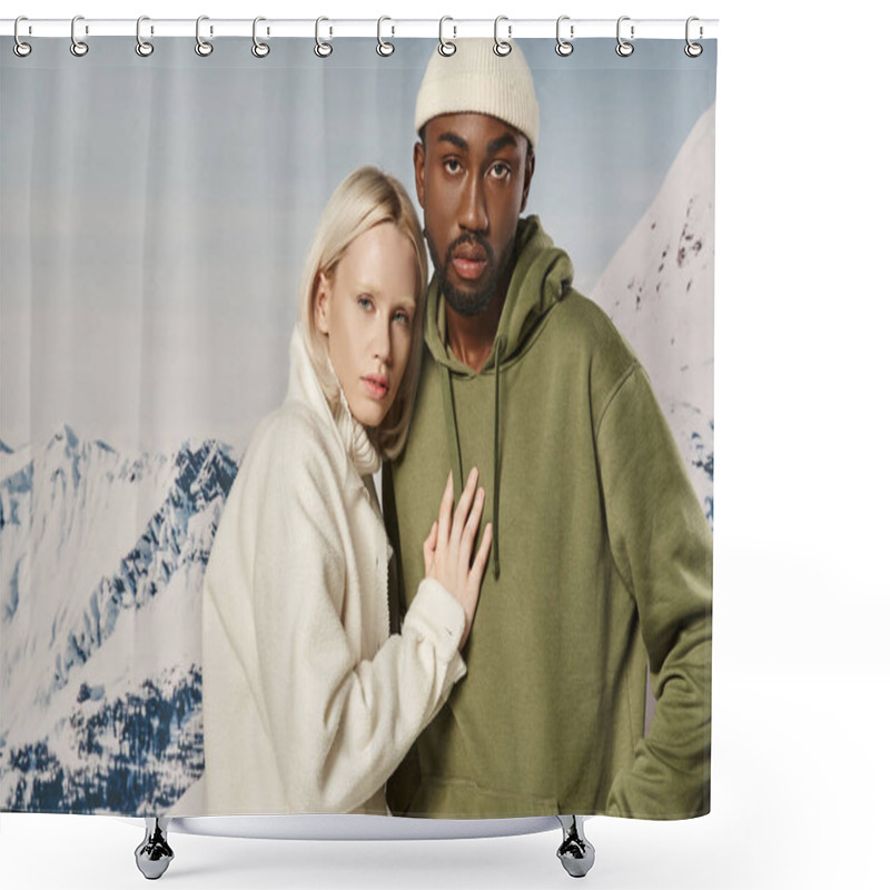 Personality  Attractive Woman Posing With Hand On Her Boyfriend Chest With Mountain Backdrop, Fashionable Couple Shower Curtains