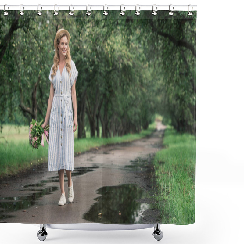 Personality  Attractive Elegant Woman In Trendy Dress Holding Flowers And Standing On Path In Orchard Shower Curtains