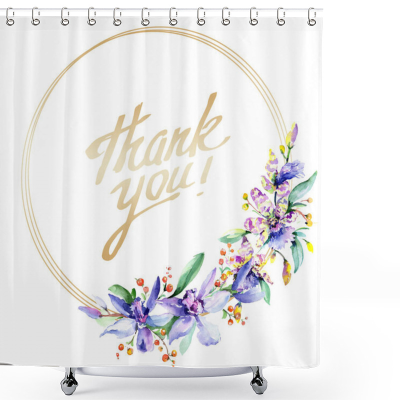 Personality  Frame With Pink And Purple Orchid Flowers. Watercolour Drawing Fashion Aquarelle Isolated. Ornament Border With Thank You Sign Shower Curtains