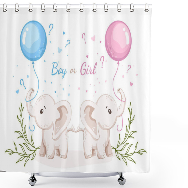 Personality  Boy Or Girl. He Or She. Gender Reveal Invitation Or Banner Template With Baby Elephants And Helium Balloons. Vector Illustration Shower Curtains