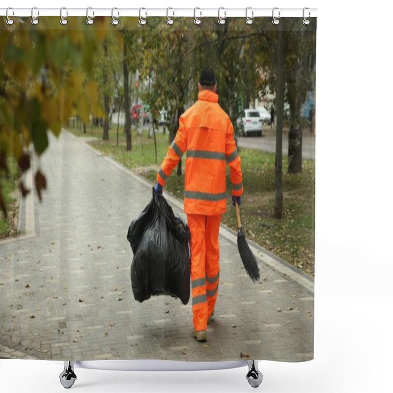 Personality  Street Cleaner With Broom And Garbage Bag Outdoors On Autumn Day, Back View Shower Curtains