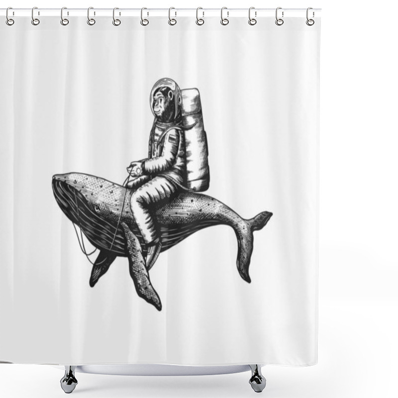 Personality  Monkey Astronaut With Blue Whale. Funny Chimpanzee Spaceman Cosmonaut Character. Astronomical Galaxy Space. Hand Drawn Engraved Old Monochrome Sketch. Vector Illustration For T-shirt, Tattoo  Shower Curtains