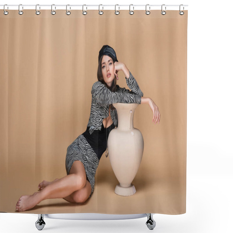 Personality  Barefoot Woman In Zebra Print Outfit And Black Beret Posing Near Clay Vase On Beige  Shower Curtains