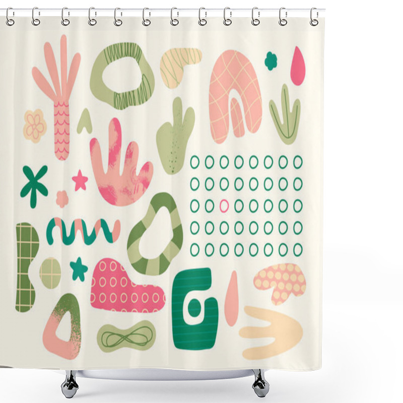 Personality  Set Of Abstract Elements Of Various Shapes And Doodles. Vector Trendy Hand Drawing Objects For Design. Pink, Green, Pastel Colors. Shower Curtains