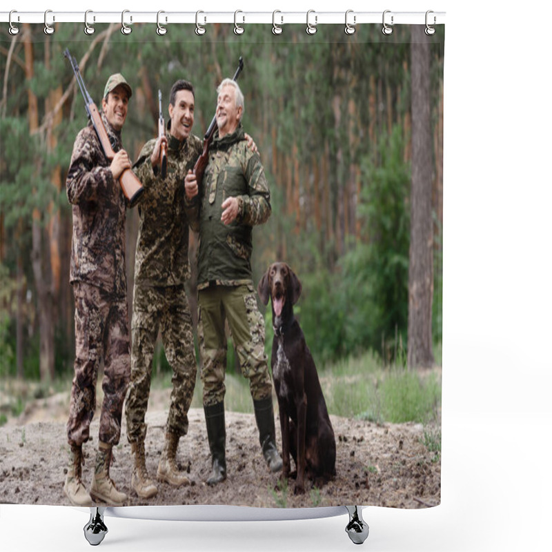 Personality  Carefree Hunters In Forest Weekend Together. Shower Curtains