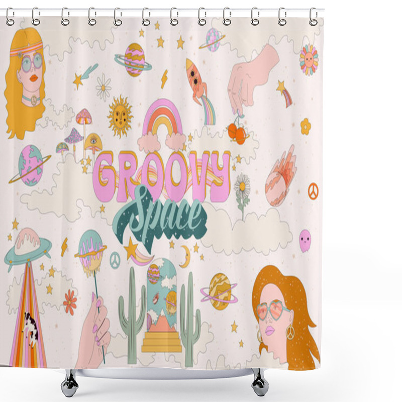 Personality  Groovy Space Poster With Retro Space Elements, Hippie Girls, 1970s, Pop Arts. Editable Vector Illustration Shower Curtains