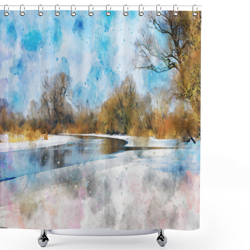 Personality  Watercolor Painting Of Havel River Winter Landscape In Germany. Snowy Havelland Region. Shower Curtains