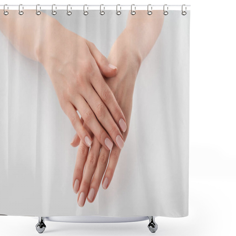 Personality  Partial View Of Female Well-cared Clanched Hands On White Background  Shower Curtains