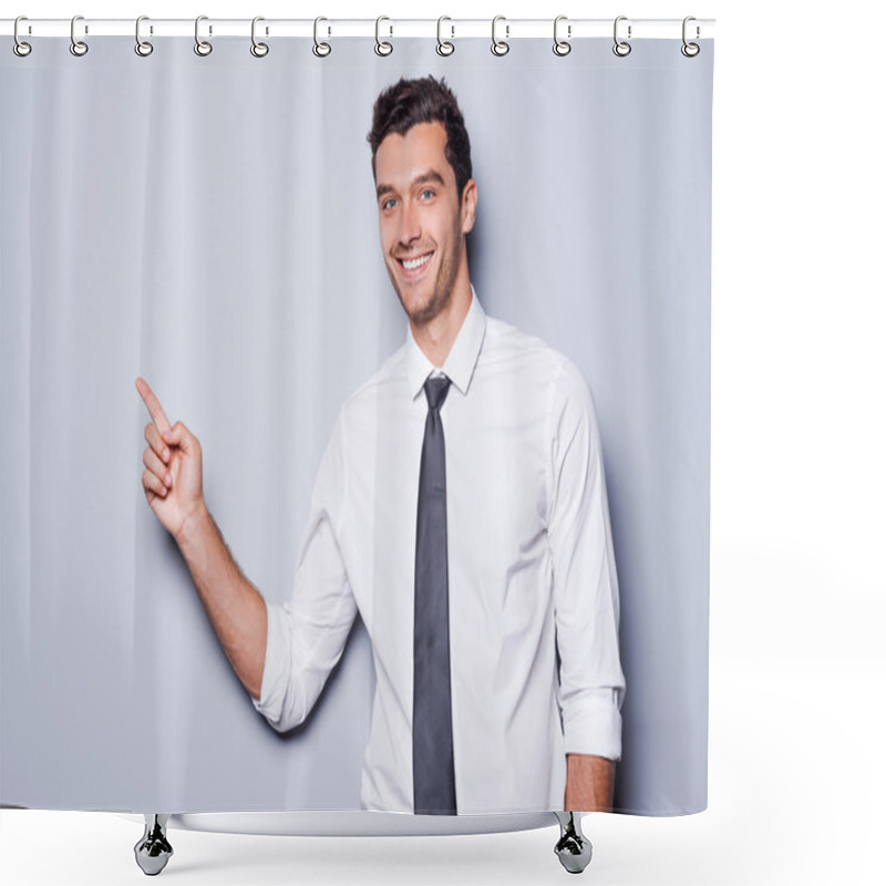 Personality  Businessman Pointing Copy Space. Shower Curtains