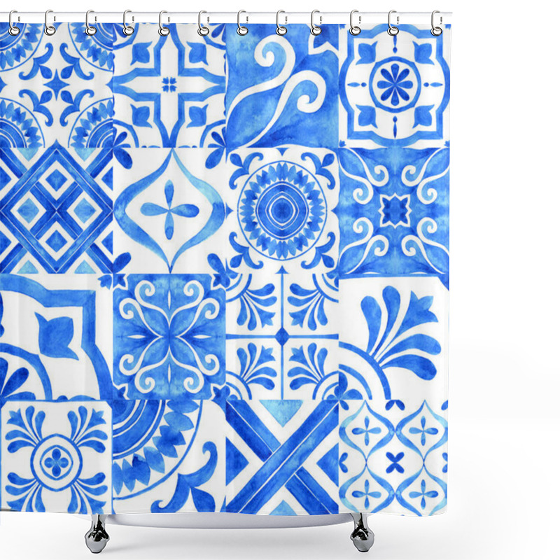 Personality  Portuguese Azulejo Tiles Collection. Blue And White Gorgeous Seamless Pattern. Hand Painted Watercolor Illustration. For Wallpaper, Web Background, Print, Surface Texture Shower Curtains