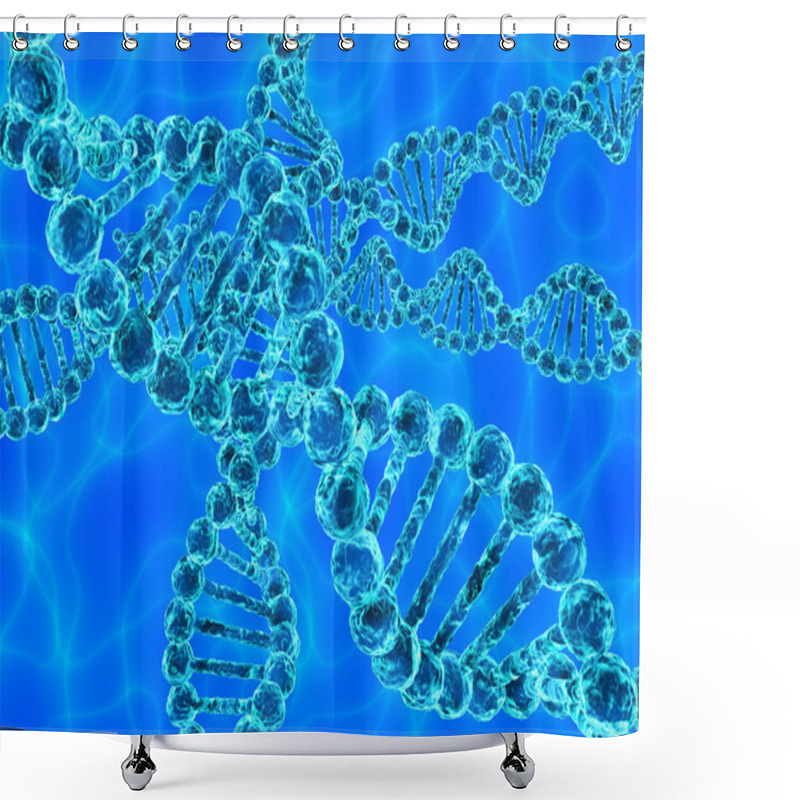 Personality  Blue DNA (deoxyribonucleic Acid) With Waves On Background Shower Curtains