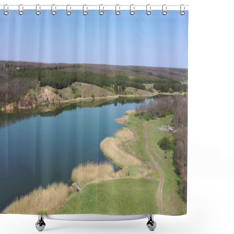 Personality  Rural Scene In The Spring. Lake, Country Road And Forest Aerial View. Shower Curtains